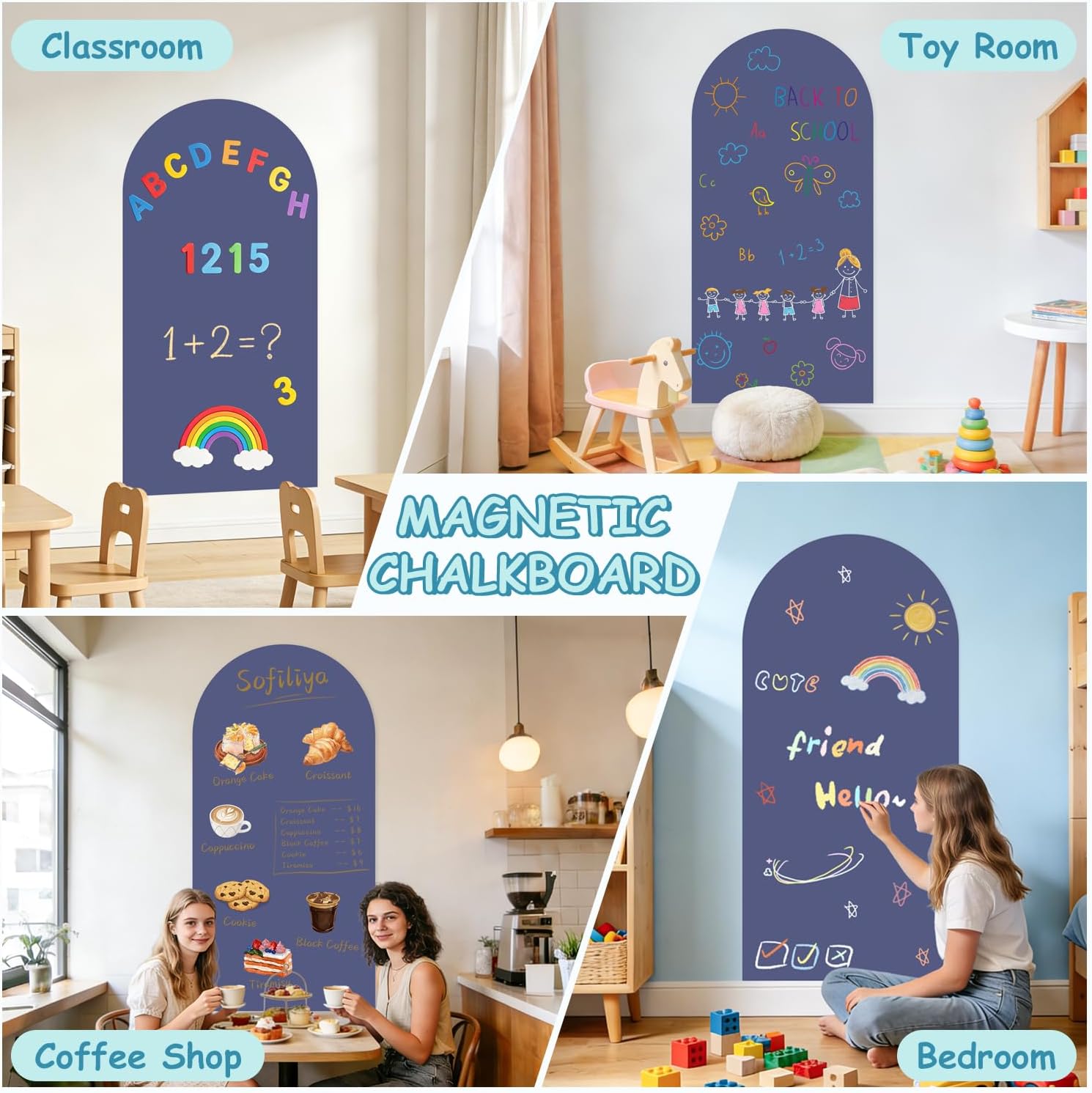 Dusty Blue Magnetic Chalkboard for Wall - 39.3”x17.5” Peel and Stick Magnetic Blackboard with Bonus Magnet Letters & Starter Accessories Arch Wall Decal for Classroom Kids Playroom Coffee Shop