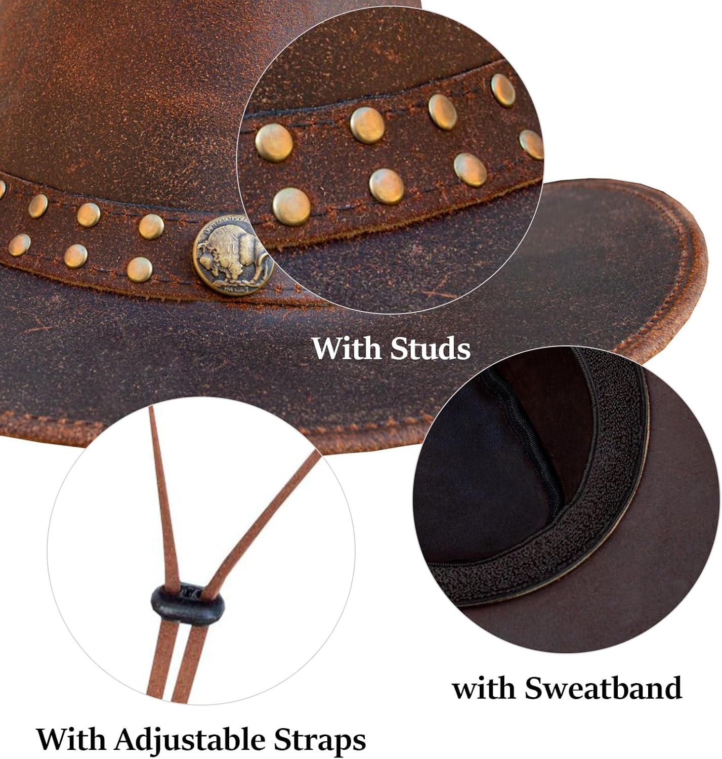 GARGOYLE BELLS Genuine Leather Cowboy Western Hat for Men Woman Studded Steampunk Hat Deadman Top Hat for Halloween Costume