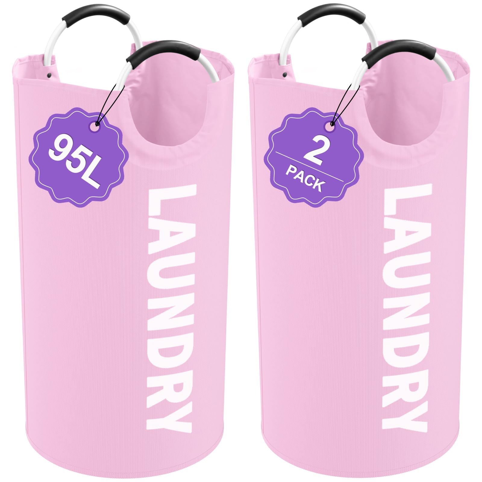 Pink Laundry Basket,Hampers for Laundry with Handle,Foldable Clothes Basket | IHOMAGIC 95L 2PCS Freestanding Nursery Laundry Basket, Water-resistant Storage Bin, Laundry Bag for Student, Family, Pink