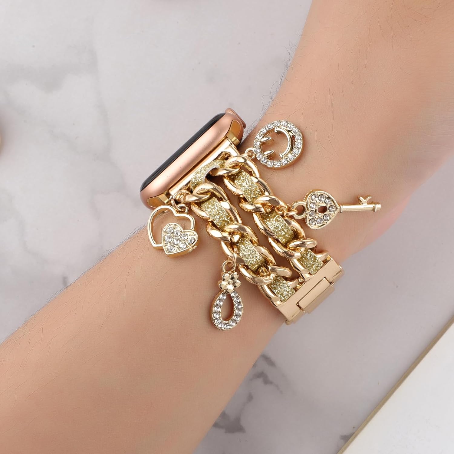 REALSIGN Stylish Metal Wristband Compatible with Apple Watch Band 42 44 45 46 49mm,Cuban Chain Bing Band Key Love Smile Pendants Cute Strap for iWatch Series 11 10 9 8 7 6 5 4 3 SE Charms Women(42/44/45MM,Key Glitter Gold) - Image 5