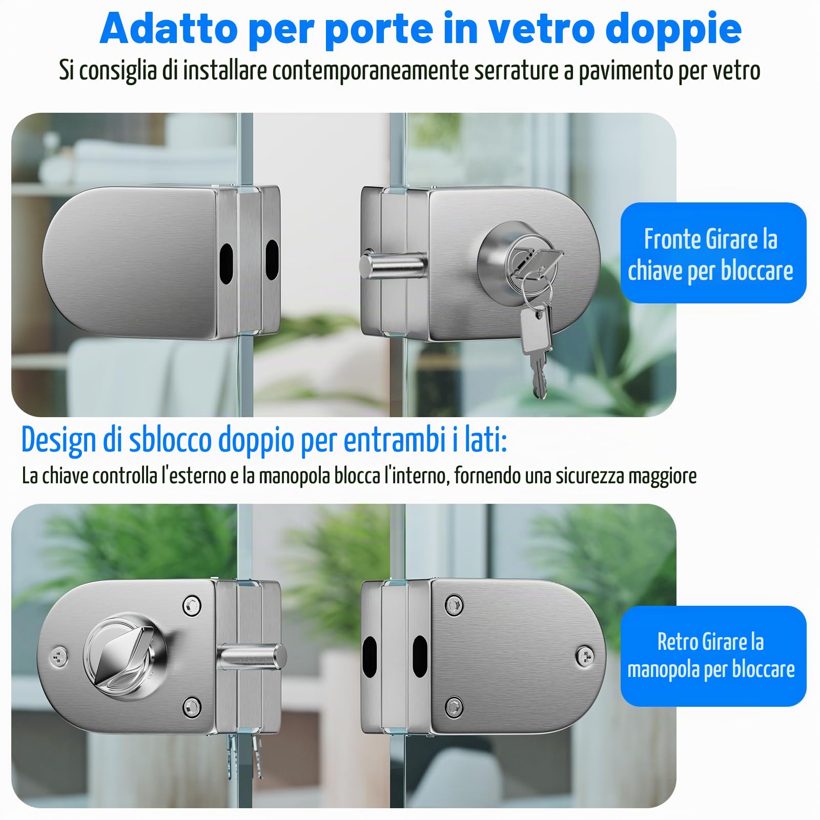Serratura per porta in vetro senza fori, finitura in nichel spazzolato, con chiave e pomello, compatibile con vetro temperato 10-12 mm, installazione rapida, design moderno, acciaio inox 304.