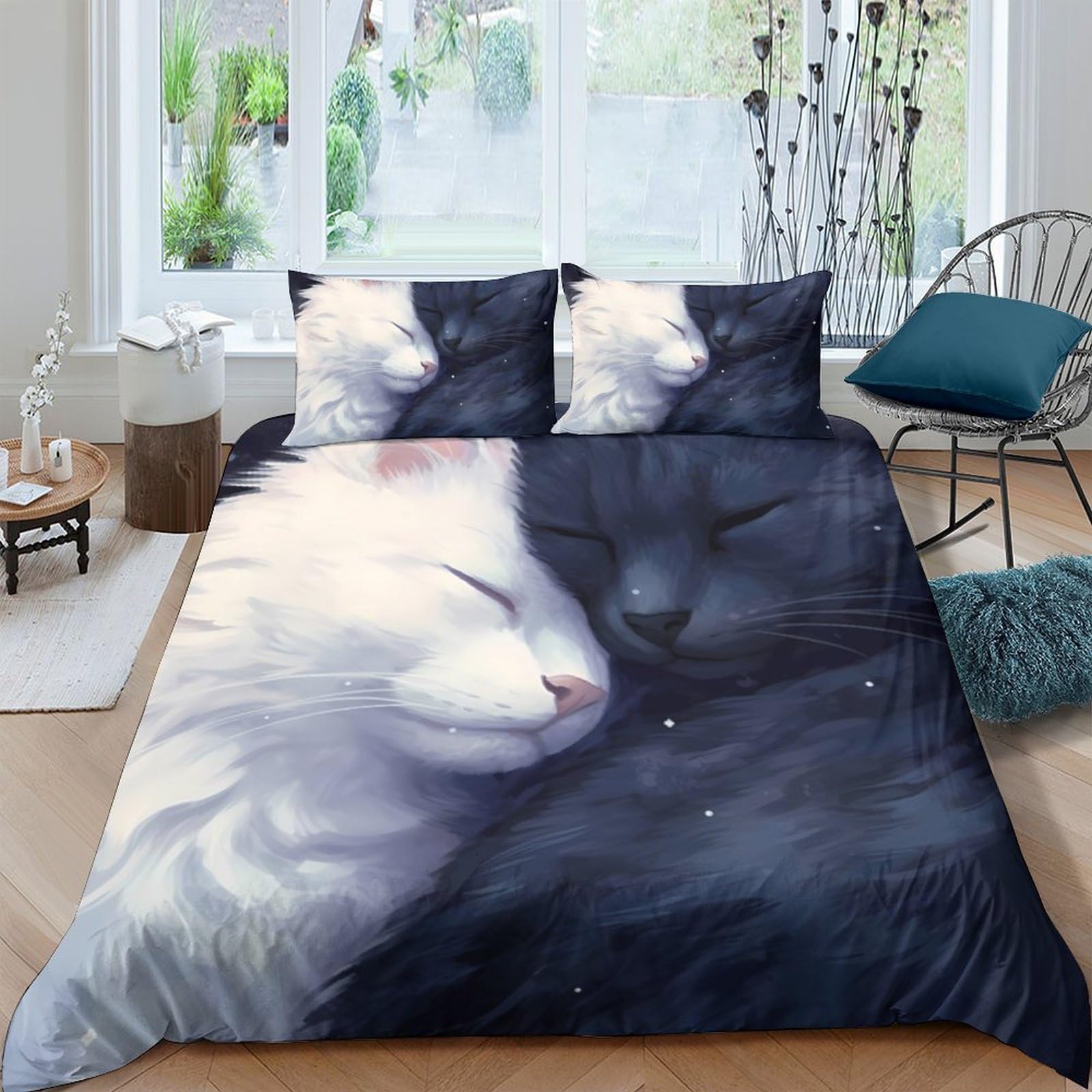 Ctjqhvkz Style-3 3D Printed Cat Lovers Fitted Sheet Microfiber Soft Cozy Black White Cat Bed Cover For Bedroom Dorm Decor Mattress Protection Single（135X200cm）