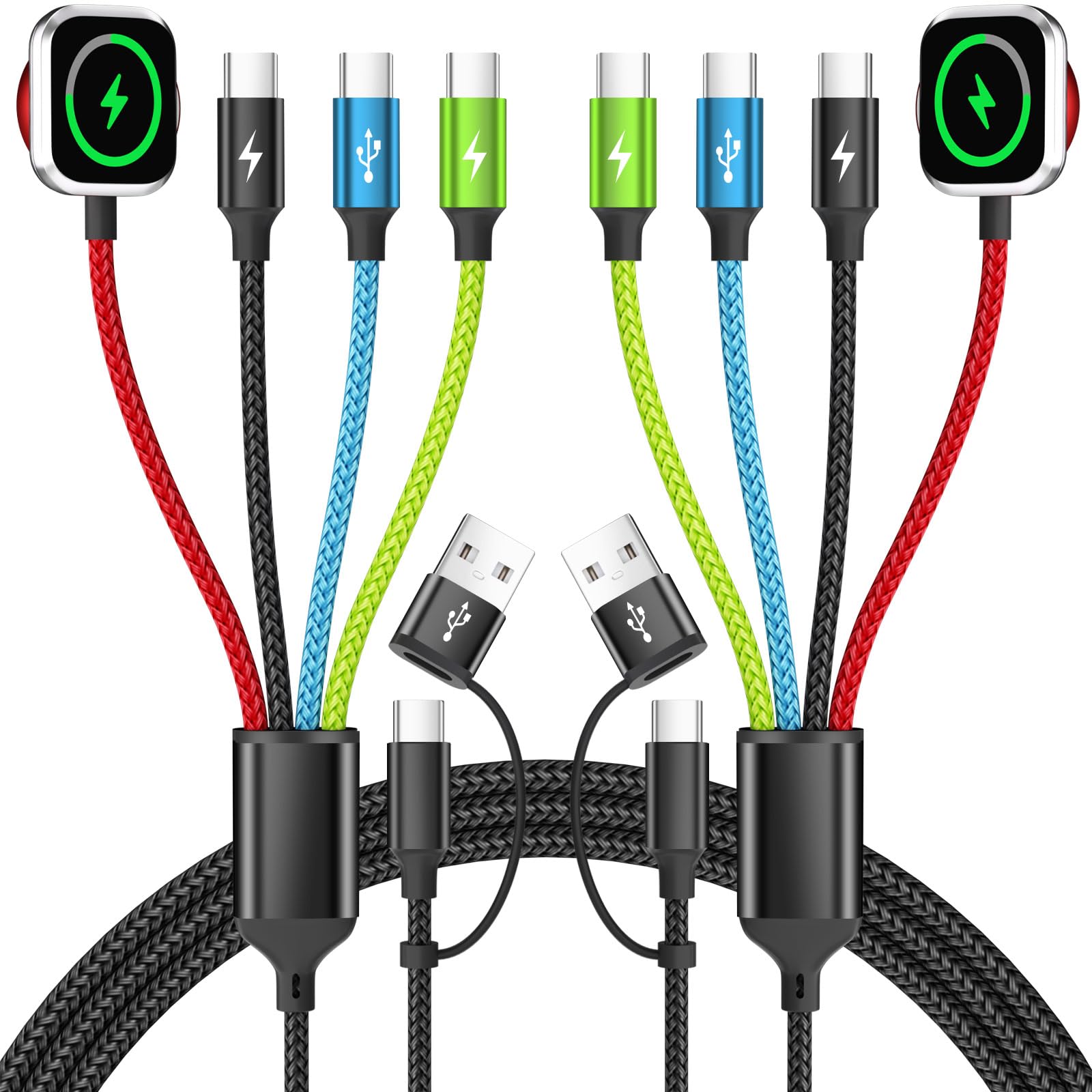 Cable de carga múltiple 4 en 2 de 1.5 metros para iWatch, iPhone 17 y Android, pack de 2 8