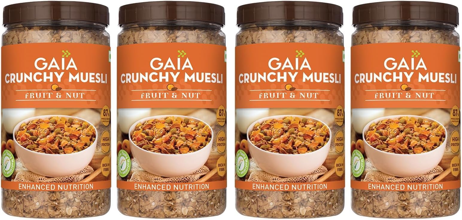 Crunchy Fruit and Nut Muesli 1 KG Jar (Pack of 4) - The Deliciously Crunchy & Nutritious Breakfast Cereals Packed with Fibre, Iron & Antioxidants Serves As The Nourishing, Tasty Breakfast Option.