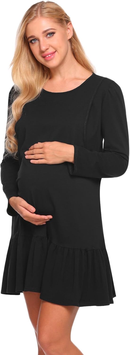 ADOME Women Maternity Nightgown Nursing Dress Long Sleeve Ruffled