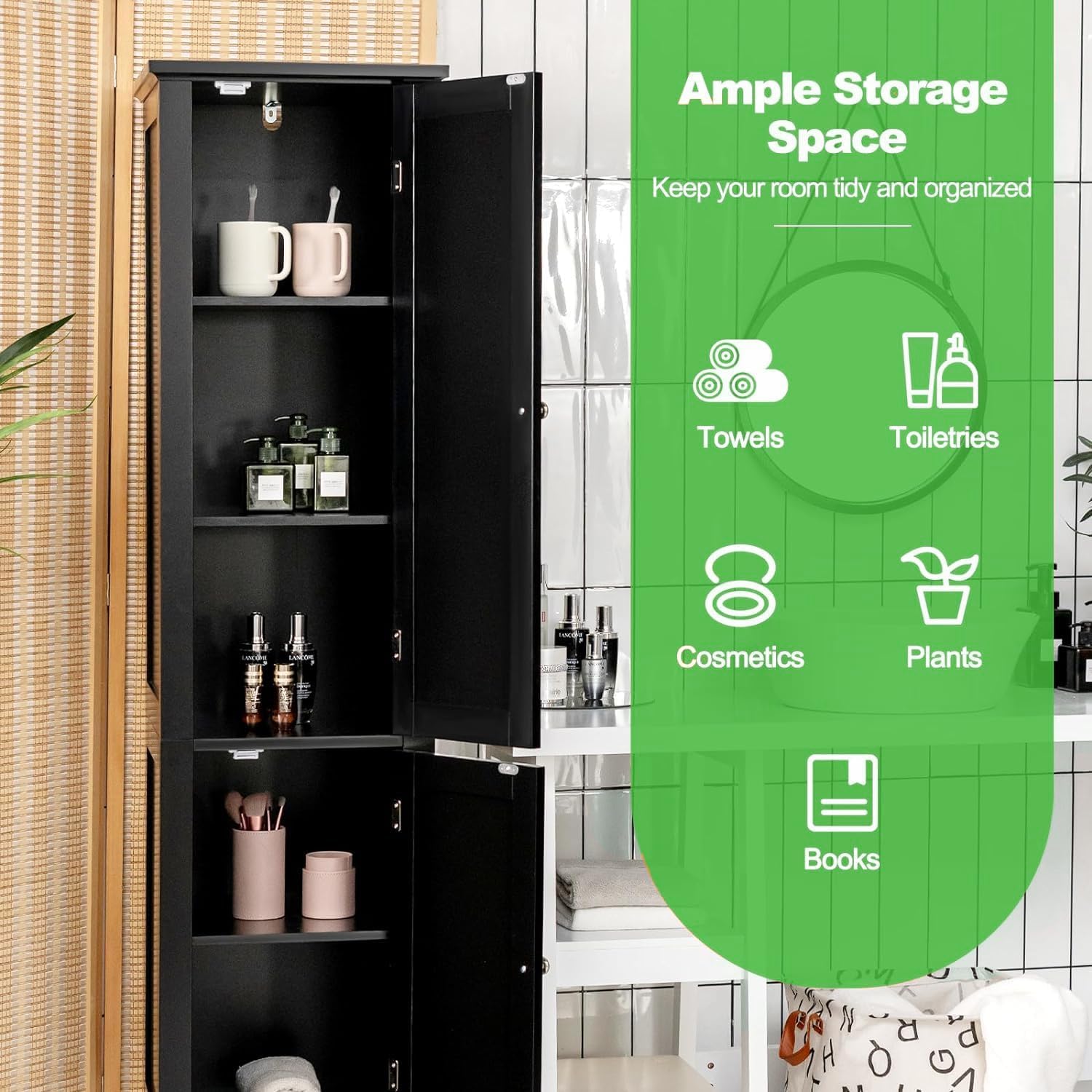 63" Tall Narrow Storage Cabinet, Bathroom Cabinet with 2 Doors and 5 Tier Storage Shelves, Slim Bathroom Storage Cabinet for Small Space, (Black)