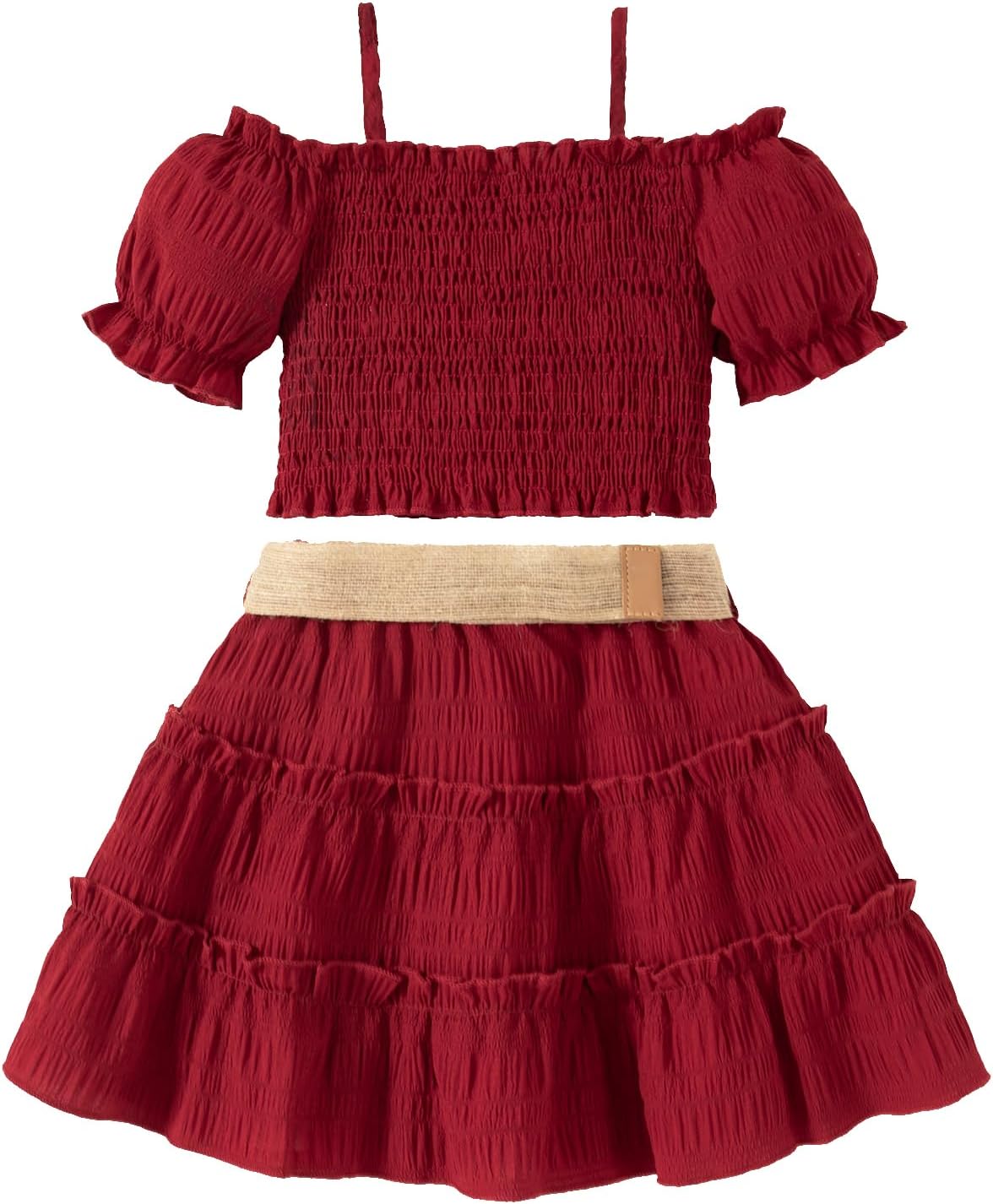 Girls Outfits Puff Sleeves Off Shoulder Crop Tops and Ruffle Flared Hem Skirt Set Toddler Summer Clothes - Image 2