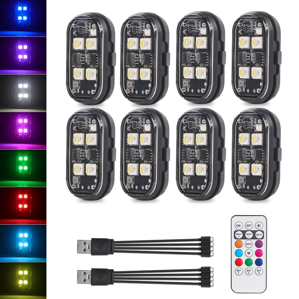 Lumières Stroboscopiques LED Moto avec Télécommande 8 Couleurs Imperméable Sans Fil Lumière D'anti-Collision USB Chargé Strobe Drone Light pour Moto RC Voiture Drone Camion Avion Vélo -8PCS