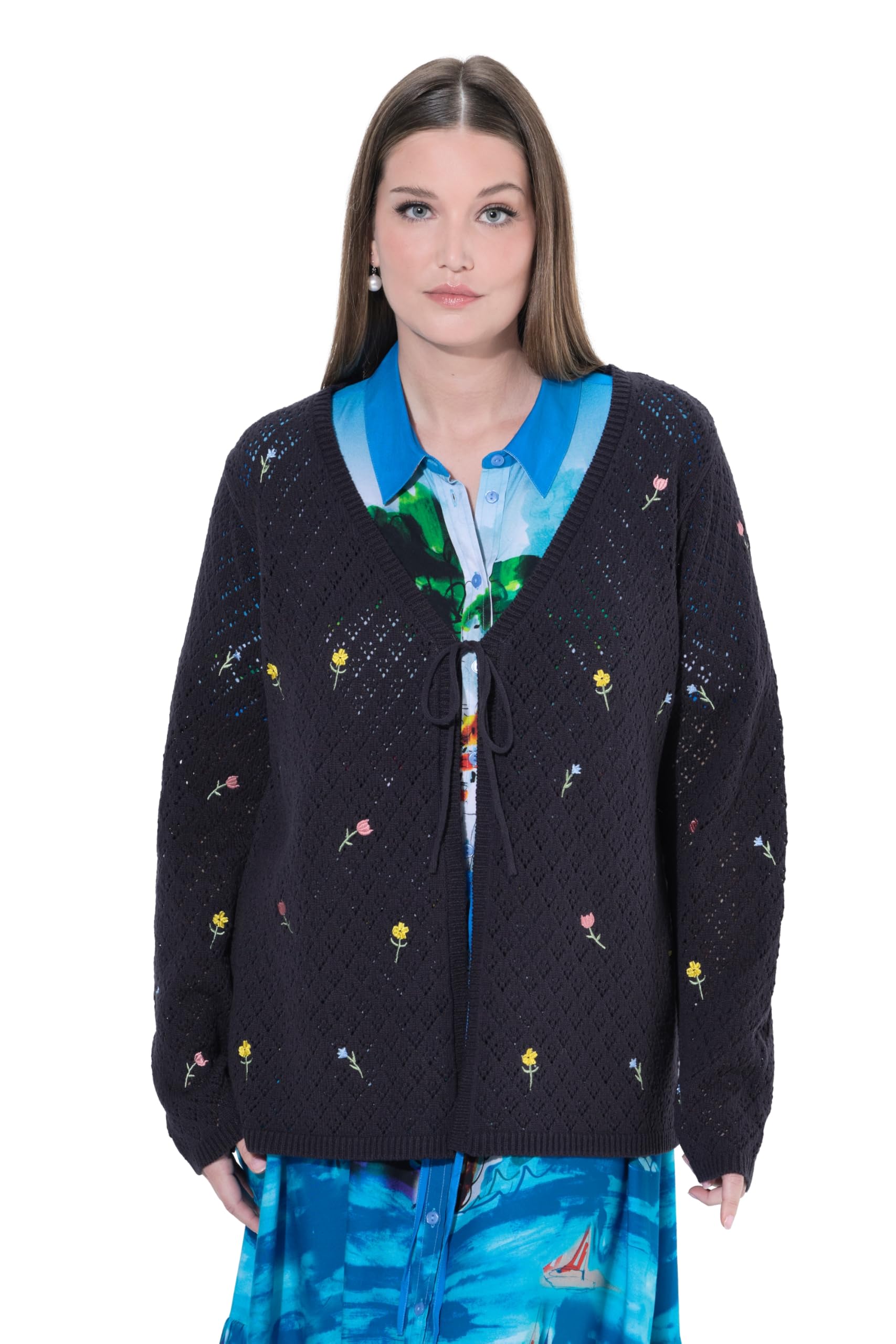 Ulla Popken Womenswear Plus Size Curvy Floral Embroidered Openwork Cardigan Marine 50+ 849386130-50+