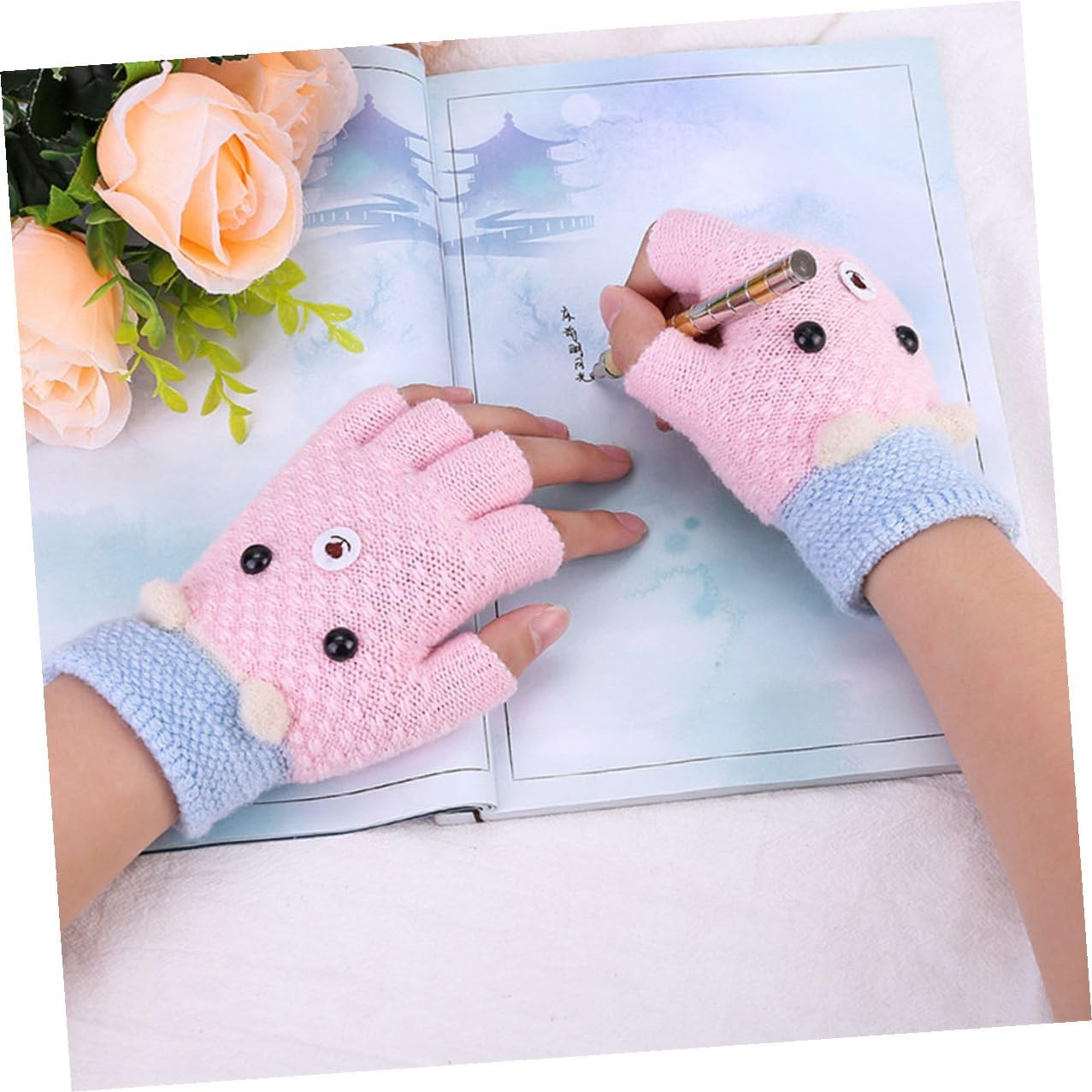 COLLBATH 4 Pairs Fingerless Gloves Half Finger Cartoon Embroidered Knitted Warm Gloves for Boys and Cold Weather Outdoor Activities Random Color
