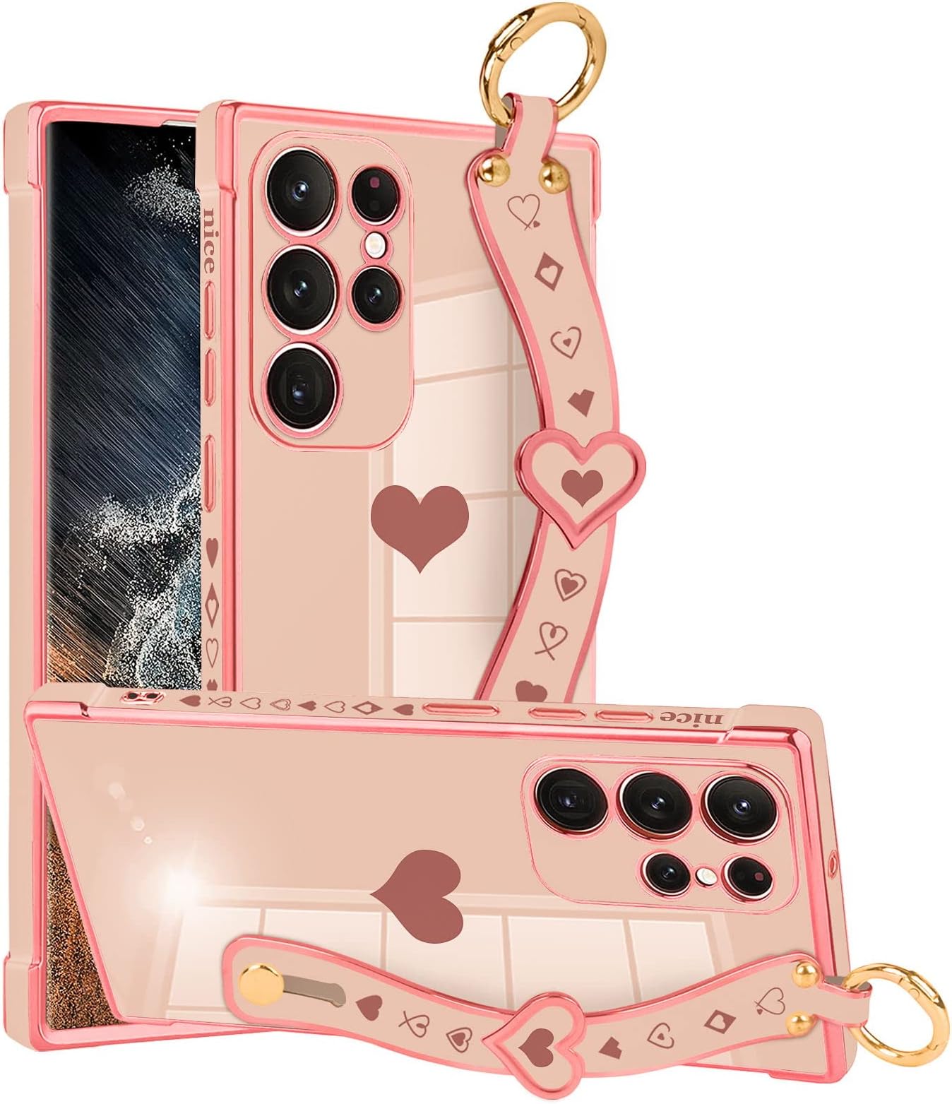 FIRSTPELLA Samsung Galaxy S23 Ultra Case for Women Girl,Cute Luxury Soft Cover with Strap Kickstand, Raised Camera Protection Shockproof Case - Pink