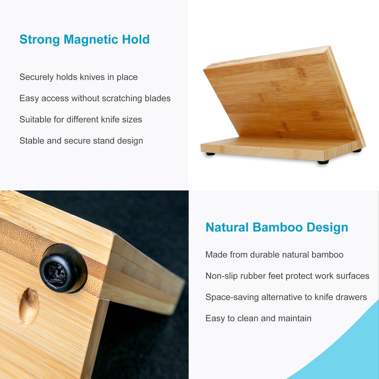 INTIRILIFE Portacuchillas magnético en MARRÓN DE BAMBÚ - Bloque de Cuchillos de Madera Hecho de bambú con imán para un Almacenamiento de Cuchillos y Equipos de Cocina Que Ahorra Espacio