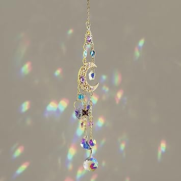 Already Assembled Crystal Moon&Stars Suncatcher,Fluttering in the Windy Decorative Hanging Mobile PurpleBlue,Gold Gems,Ball,Radiance Like Crystals,Healing, Good Mood,Meditation,Luckyy Decoration