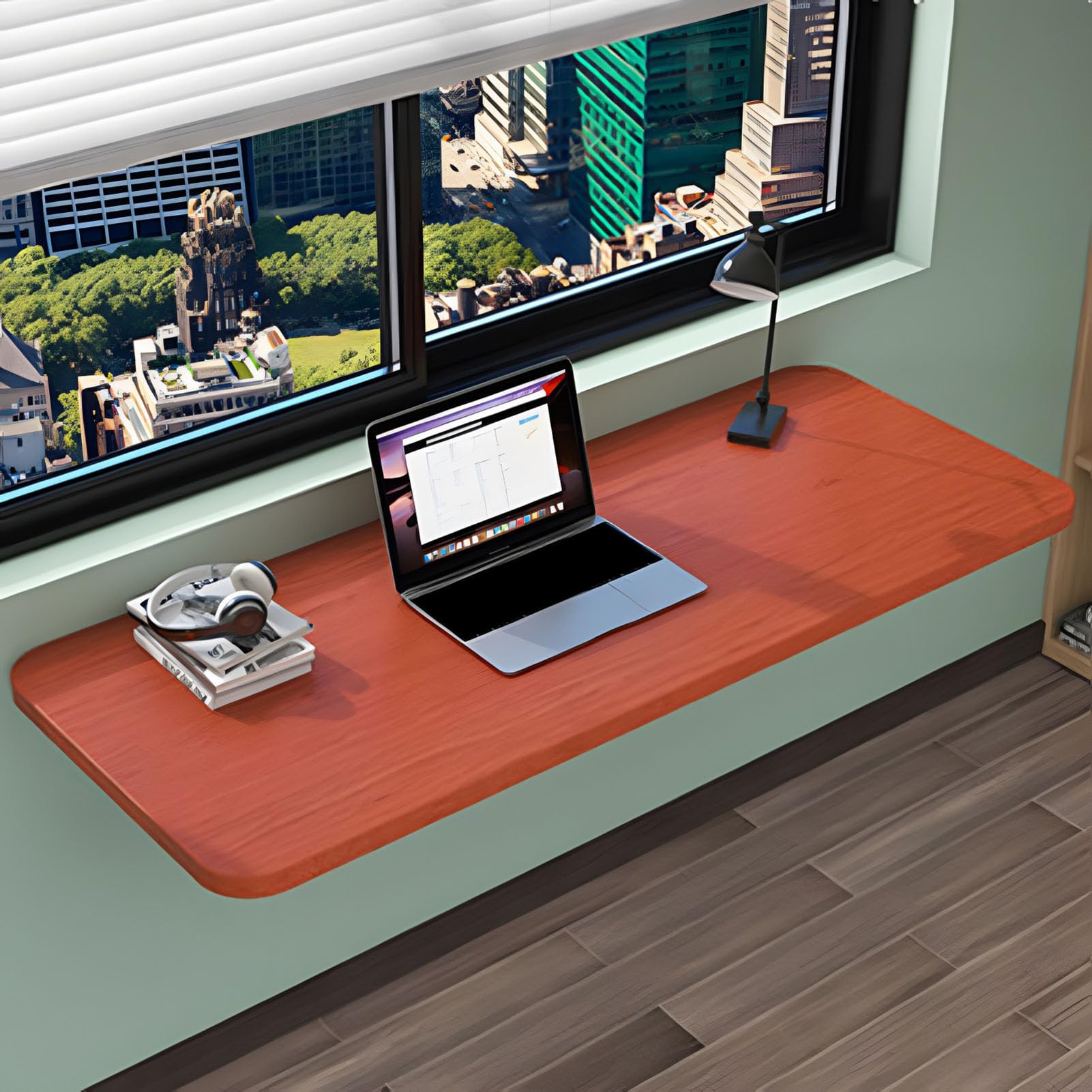 LWJSOCP Wall Mounted Folding Table - Space Saving Foldable Study Desk & Floating Computer Table for Home Office, Living Room & Bedroom, Teak Color, 90x30cm - Versatile Wall-Mounted Dining Solution
