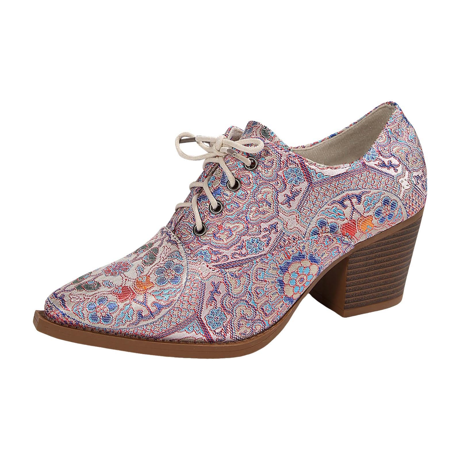 Floral Embroidered Short Bootie for Women Vintage Casual Pointed Toe Low Top Lace up Shoes Comfortable Chunky Block