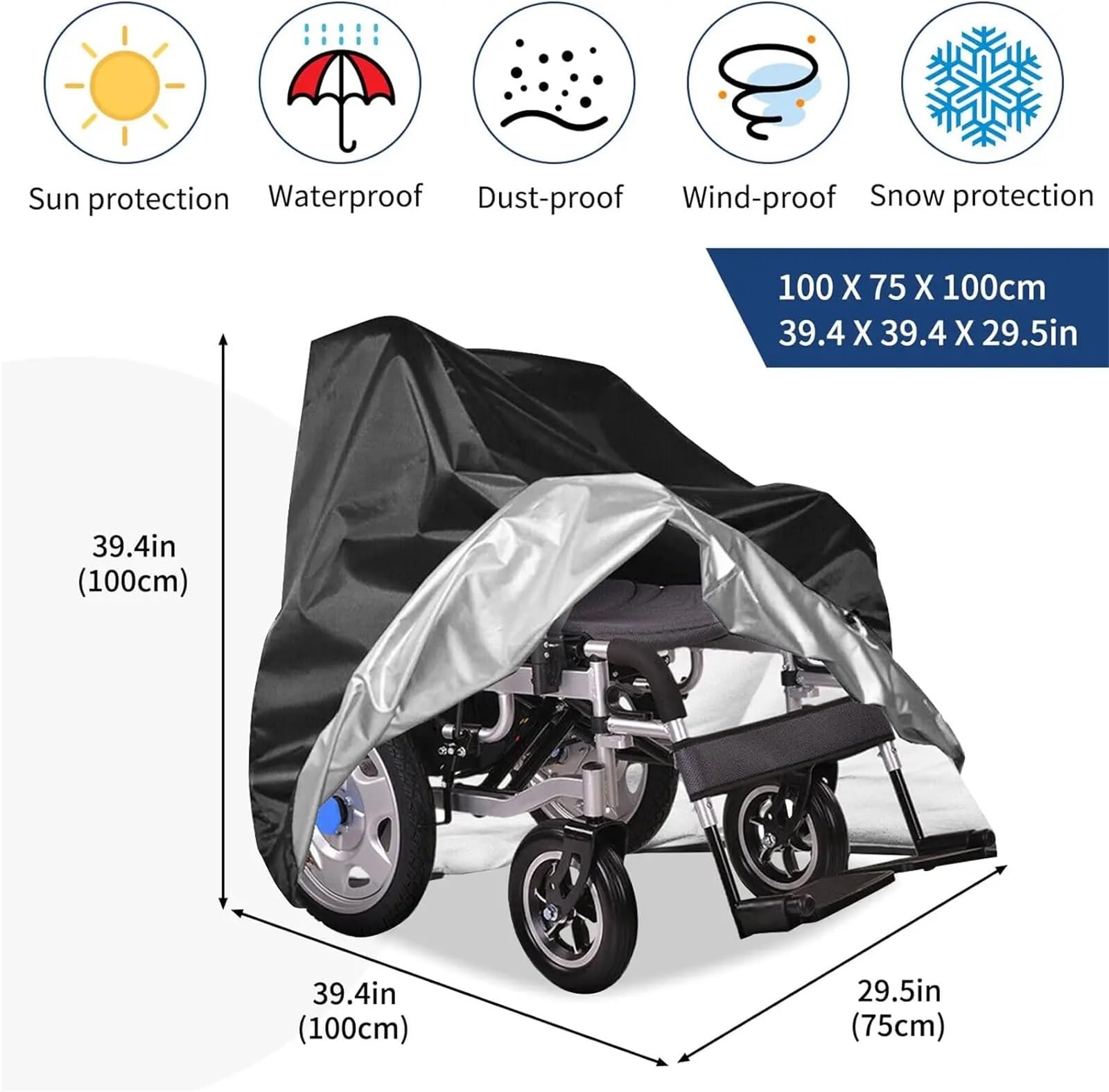 Funda para silla de ruedas y scooter, protector al aire libre contra el polvo, la lluvia y el sol para andador de movilidad (75 x 100 x 100 cm)