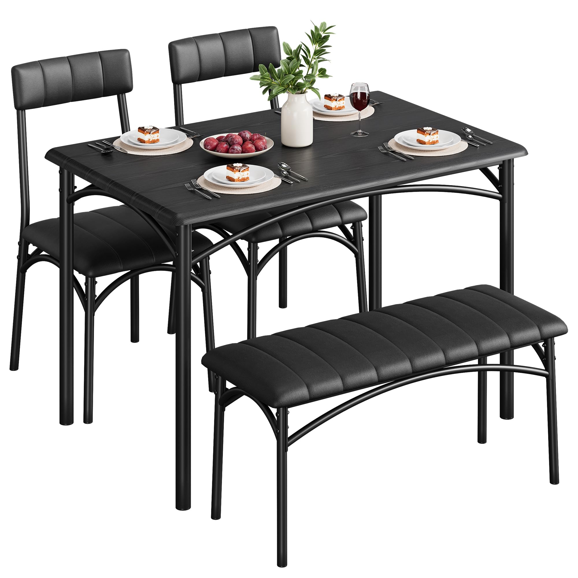 Crevyteg Dining Table Set for 4, Kitchen Table with Upholstered Bench and 2 Chairs, 4-Piece Wooden Dining Table Set for Apartment, Dining Room, Small Space, Black
