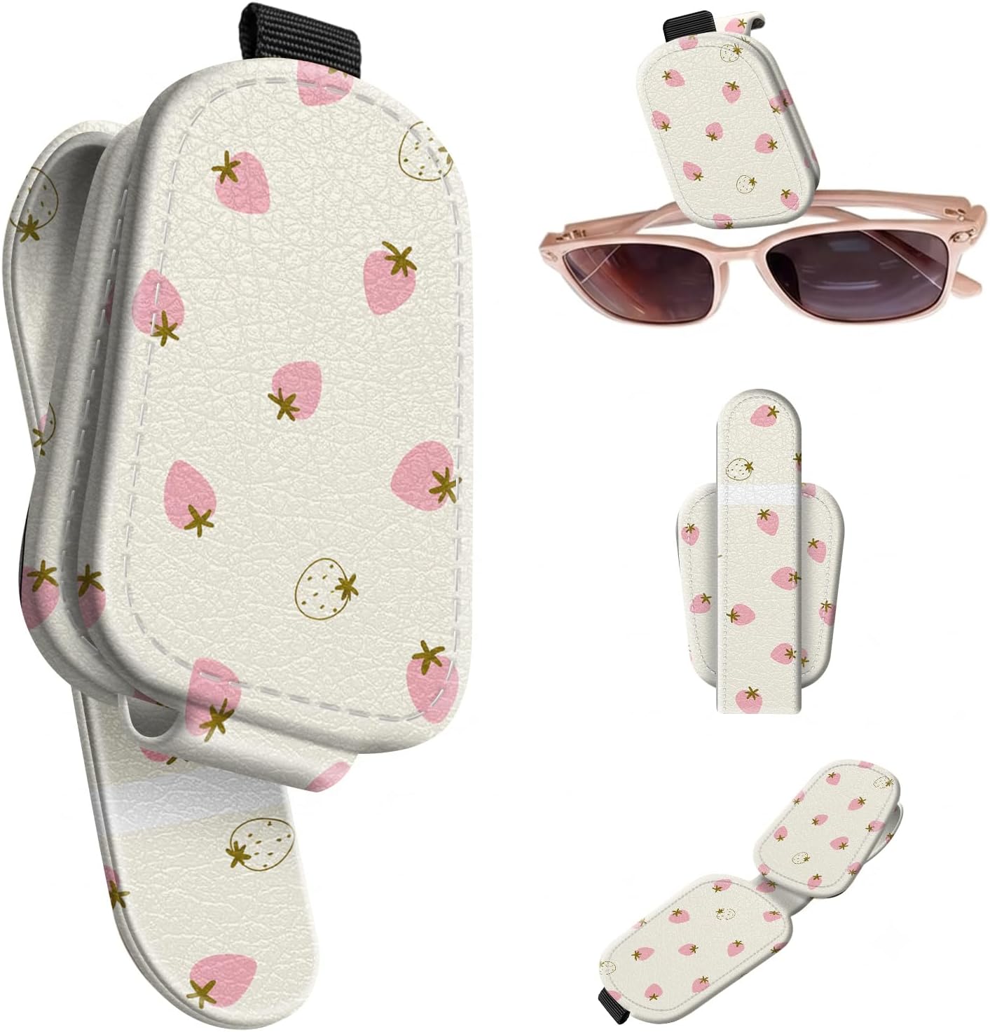 Sunglasses Holder for Car Visor, PU Leather Glasses Clip Organizer, Cute Magnetic Eyeglass Holder for Vehicle Sun Visor, Car Interior Accessory for Women & Men, Tiny Strawberries