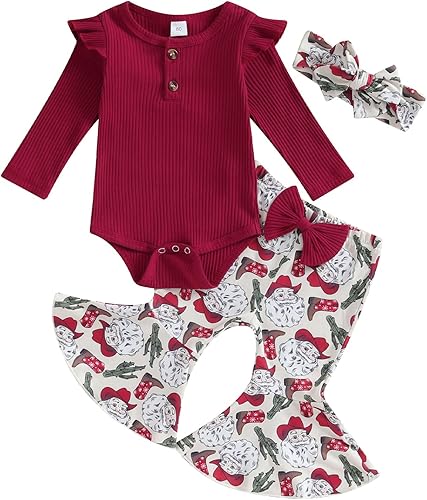 Kuriozud Conjunto de pantalones acampanados para bebé recién nacida, con volantes, lindo conjunto de pantalones acampanados con diadema y ramitas