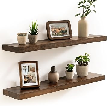 Acovy Floating Shelves, USA-Sourced Walnut Wood 30 Inch Wide x 6.7 Inch Deep Floating Shelves, Natural Wooden Shelves for Bedroom Living Room Home Office, Set of 2