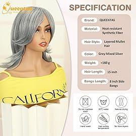 QUEENTAS 15 Gray Wigs for Women Grey Silver Medium Length Layered Wig with Curtain Bangs Glueless Natural Looking Synthetic Wigs for Thinning Hair Daily and Cosplay(Black Mixed Grey Siler)