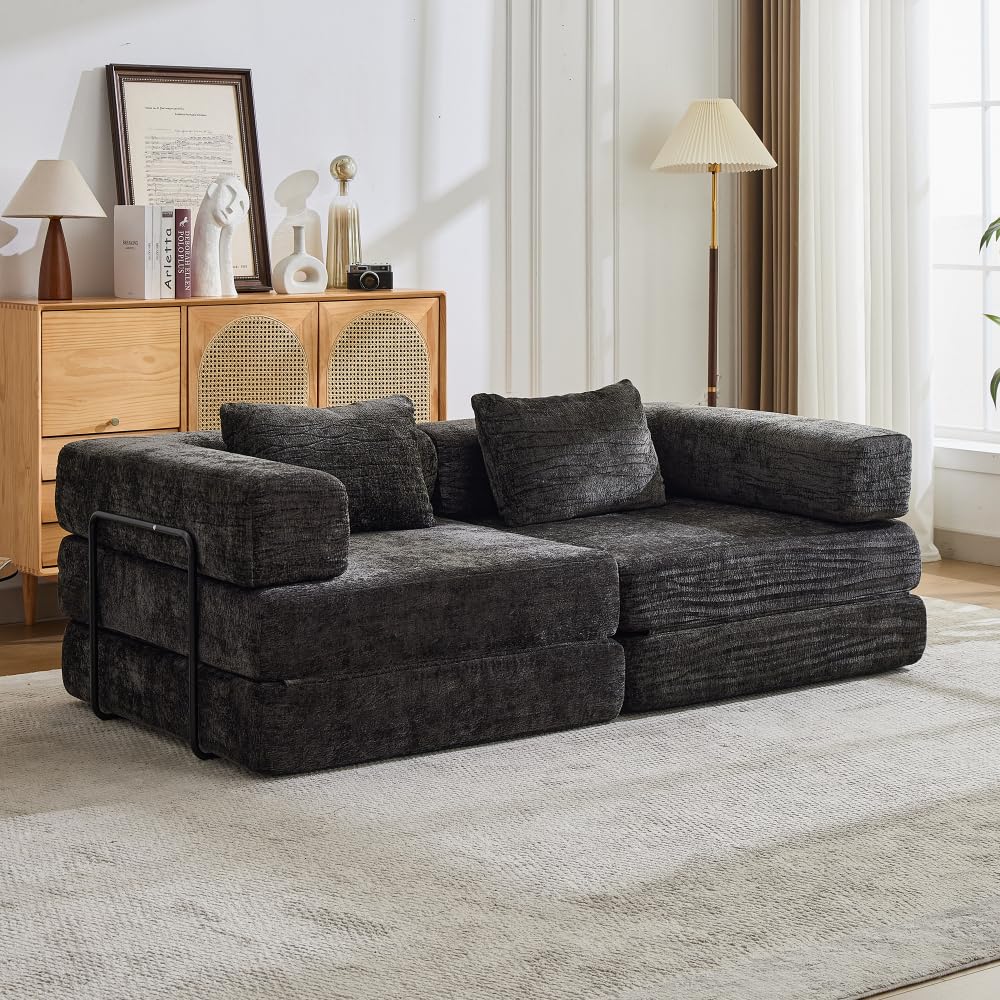 Divano da pavimento compresso 200x100 cm in ciniglia Nero, letto convertibile con struttura fissa, modulare boneless DIY, senza montaggio, per soggiorno e camera