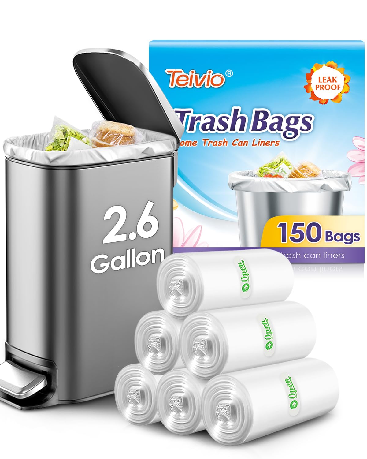 2.6 Gallon 150 Counts Small Trash Bags Garbage Bags by Teivio, Bathroom Trash Can Bin Liners, Small Plastic Bags for home office kitchen, Clear
