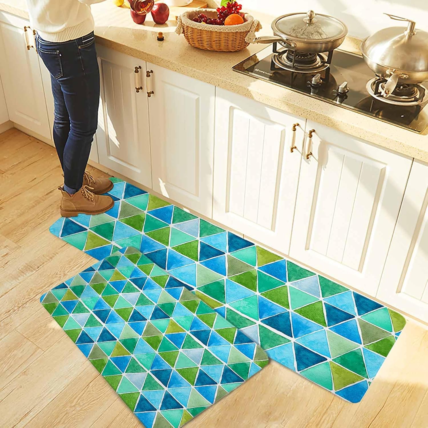 Watercolor Geometric Kitchen Rugs and Mats Set of 2, Non-Slip Kitchen Sink Mat, Modern Abstract Minimalist Art Blue Washable Doormat Bathroom Rugs Runner for Bedroom 19.7"x31.5"+19.7"x47.2"