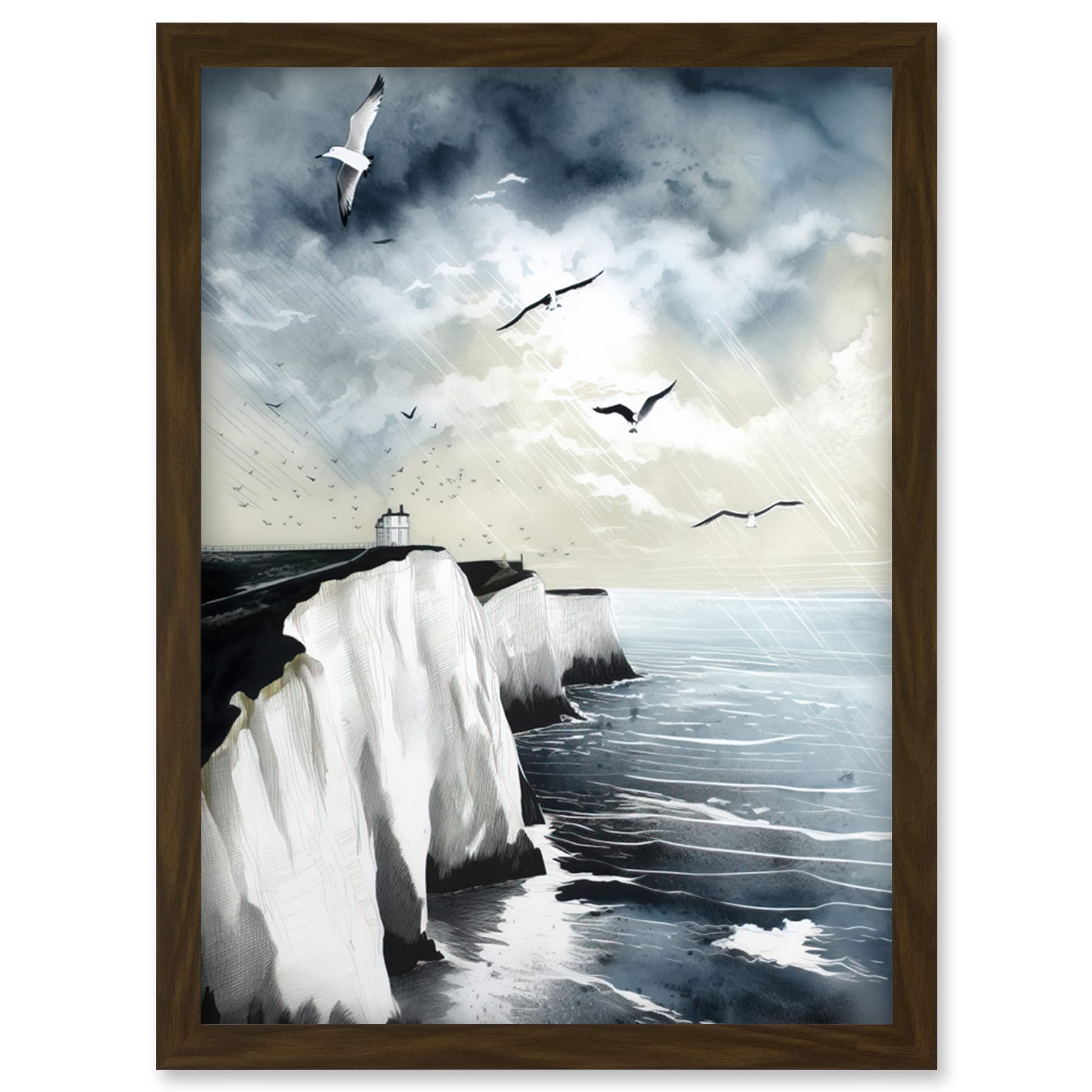 Artery8 Seagulls Flying Over the White Cliffs of Dover in England Modern Linocut Print Artwork Framed Wall Art Print A4
