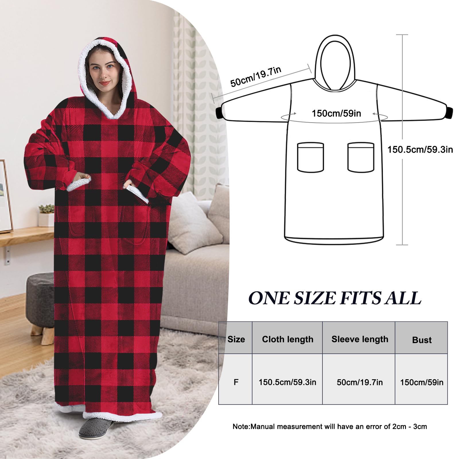 Bardzo długi koc oversize z kapturem, super ciepły, miękki koc z kapturem Sherpa, wygodny do noszenia, przytulny koc, bluza z dużymi kieszeniami, jeden rozmiar, pasuje do wszystkich mężczyzn, kobiet,