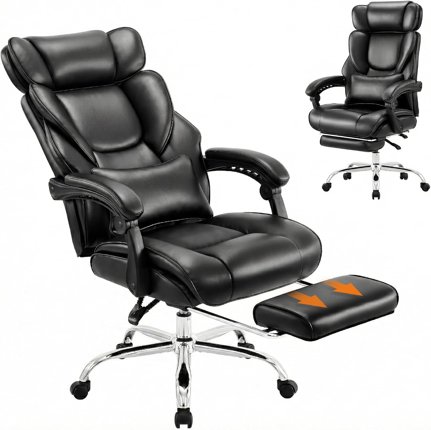 High Back Office Chair with Retractable Footrest & Lumbar Pillow, Ergonomic Bonded Leather Executive Desk Chair, Thick Padded Cushion, 90–135° Reclining Chair for Home Office,Black