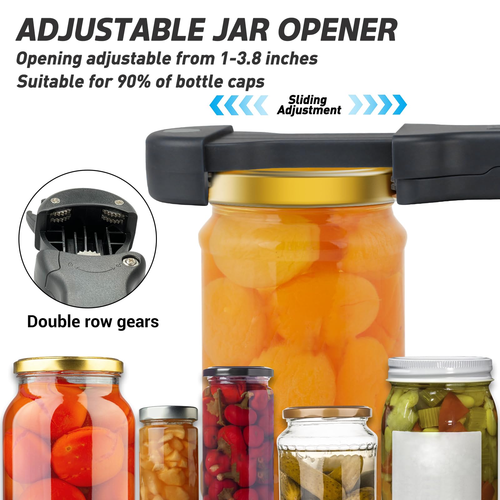 Abridor de botellas y abridor de botellas 7 en 1 para personas mayores con artritis, manos débiles, abrelatas magnético multiretráctil, herramienta original para abrir tapas de cocina (negro)