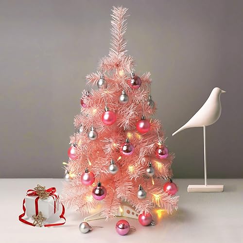 Árbol de Navidad pequeño de mesa con bolas, soporte de luces LED, mini árbol de Navidad para decoraciones de Navidad, hogar, cocina, mesa de