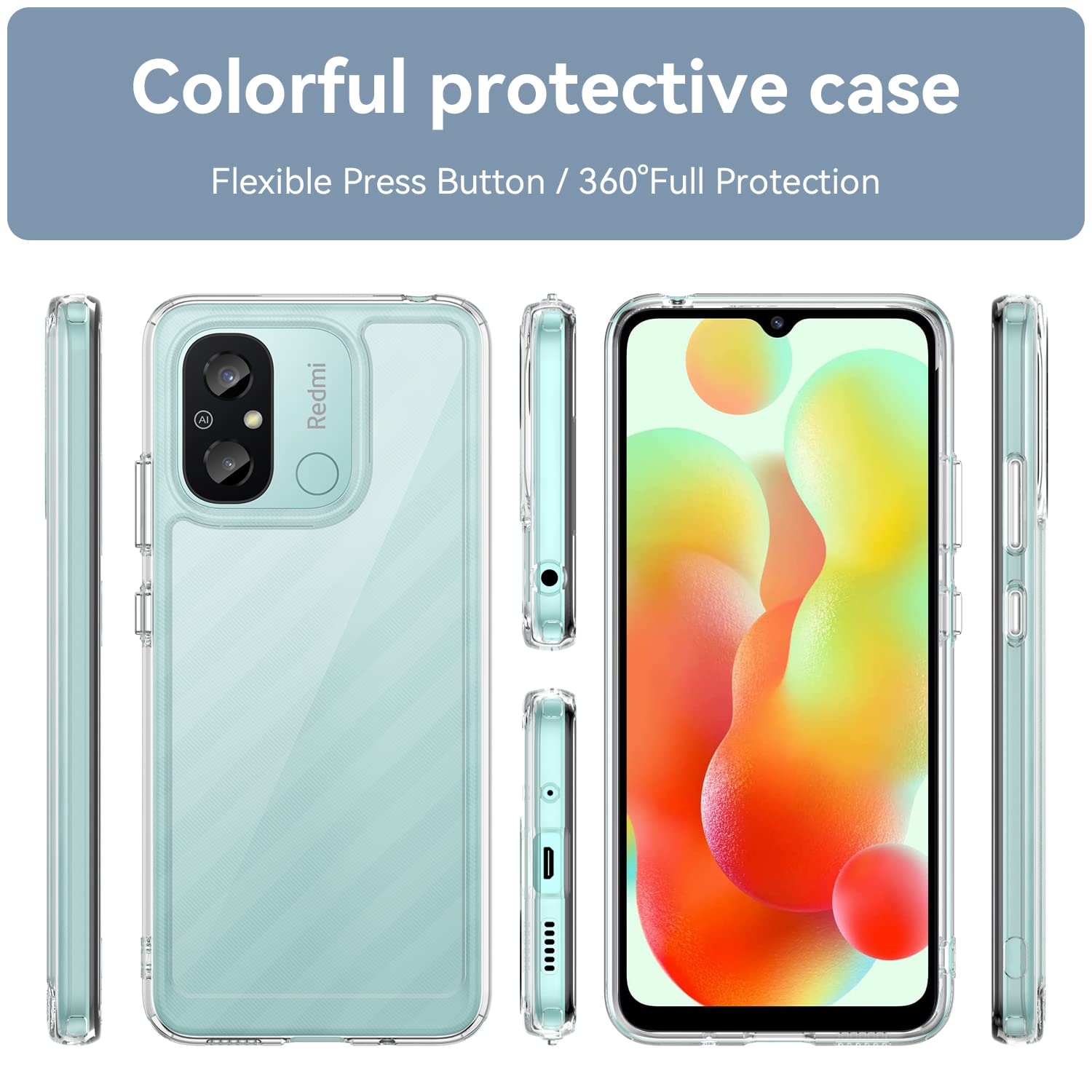Phoona Cover per Xiaomi Redmi 12C Custodia con 2 Pezzi Pellicola Vetro Temperato,Ultra Sottile Trasparente Silicone Protettiva Case per Redmi 12C 4G