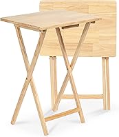 Vista 3 de PJ Wood Mesa rectangular plegable portátil para servir aperitivos, construcción de madera maciza con acabado natural (juego de 4 piezas)