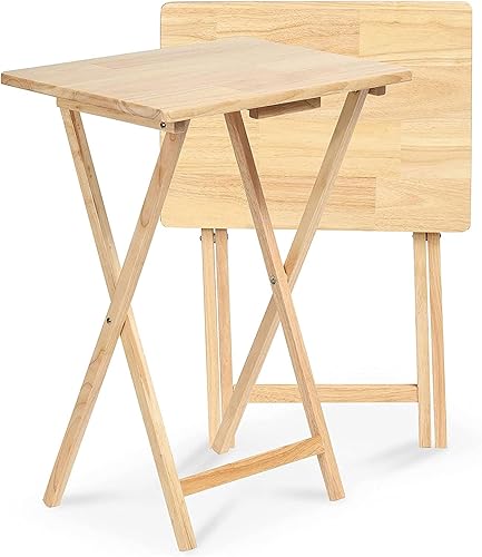 Miniatura 3 de PJ Wood Mesa rectangular plegable portátil para servir aperitivos, construcción de madera maciza con acabado natural (juego de 4 piezas)