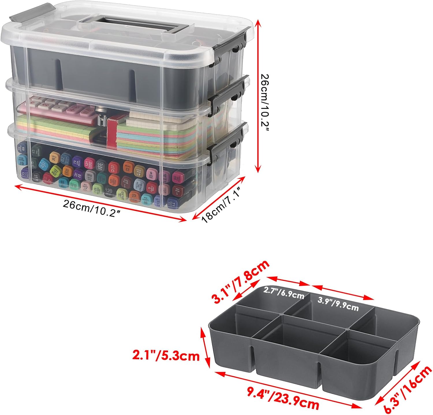 JUXYES 2 Pack 3-Tiers Stack Carry Storage Box With Divided Tray, Transparent Stackable Storage Bin With Handle Lid Latching Storage Container for School & Office Supplies, Dark Gray