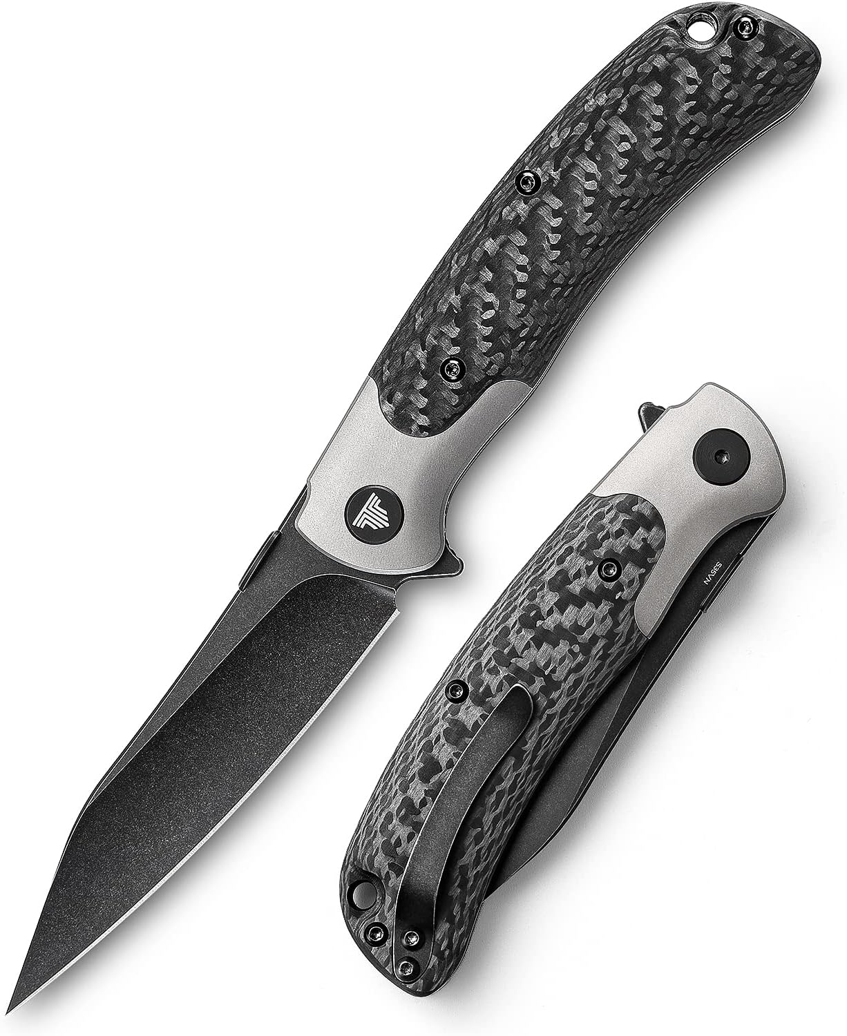 TRIVISA Folding Pocket Knife for Men, Flipper EDC Knife with Clip,3.66" S35VN Steel PVD Blackwash Wharncliffe Blade,Ti Thumb Stud, Ti Bolster & Carbon Fiber for Outdoor Camping, UMa-05B
