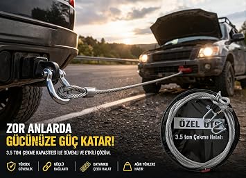 3.5 Ton Çelik Çekme Halatı, Ağır Hizmet Oto Kurtarma Halatı, Yüksek Mukavemetli Çelik Halat, Galvaniz Kaplama Paslanmaz Yapı, Güçlü Şakıllı Bağlantı, Off-Road ve Zorlu Arazi Kullanımı, Güvenli ve Daya