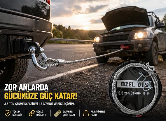 3.5 Ton Çelik Çekme Halatı, Ağır Hizmet Oto Kurtarma Halatı, Yüksek Mukavemetli Çelik Halat, Galvaniz Kaplama Paslanmaz Yapı, Güçlü Şakıllı Bağlantı, Off-Road ve Zorlu Arazi Kullanımı, Güvenli ve Daya