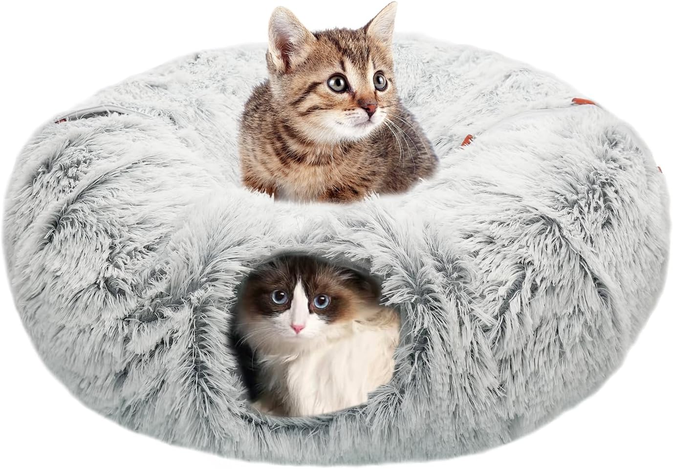 KOMUSMO Cat Tunnel Bed with Central Mat and Hanging Ball Toy, Large Cat Cave Donut for Indoor Cats, Soft Plush Fluffy Peekaboo Cat Bed Cave Collapsible for Small Medium Large Cats Kittens