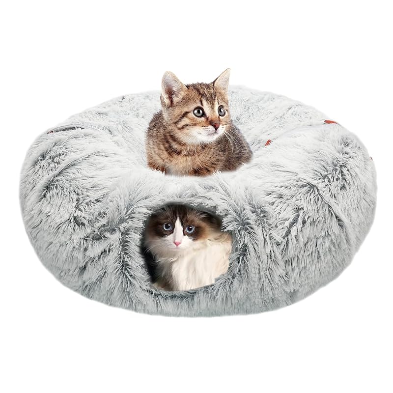 Túnel para gatos com cama e tapete de pelúcia macia KOSMUSMO, Grande, cinza, 1 unidade