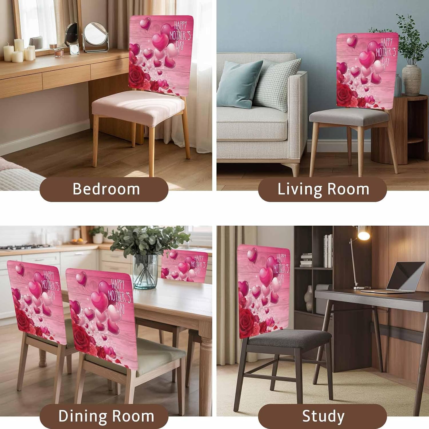 Happy Mother's Day Dining Chair Back Covers Set of 8, Pink Love Flower Balloon Wooden Stripes Stretchable Chair Slipcover Removable Seat Covers Chair Protector for Wedding Party Banquet