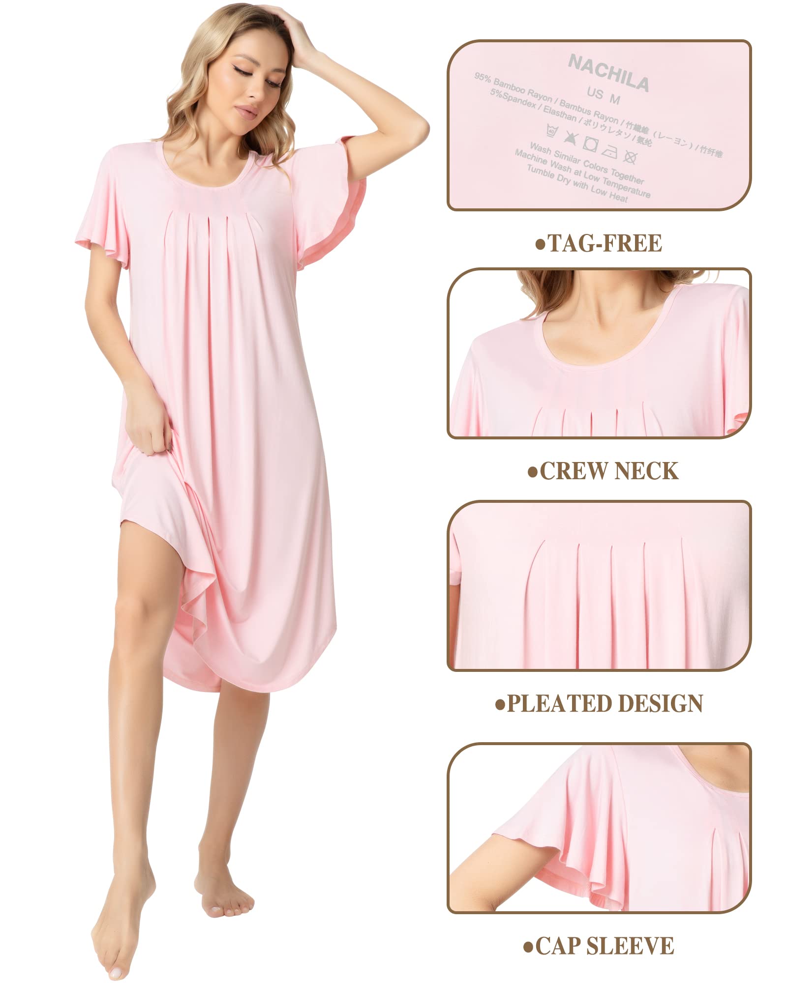 NACHILA Nightgowns for Women-Viscose Made from Bamboo, Short Sleeve Nightgown V Neck Nightshirt Soft Sleepwear Dress