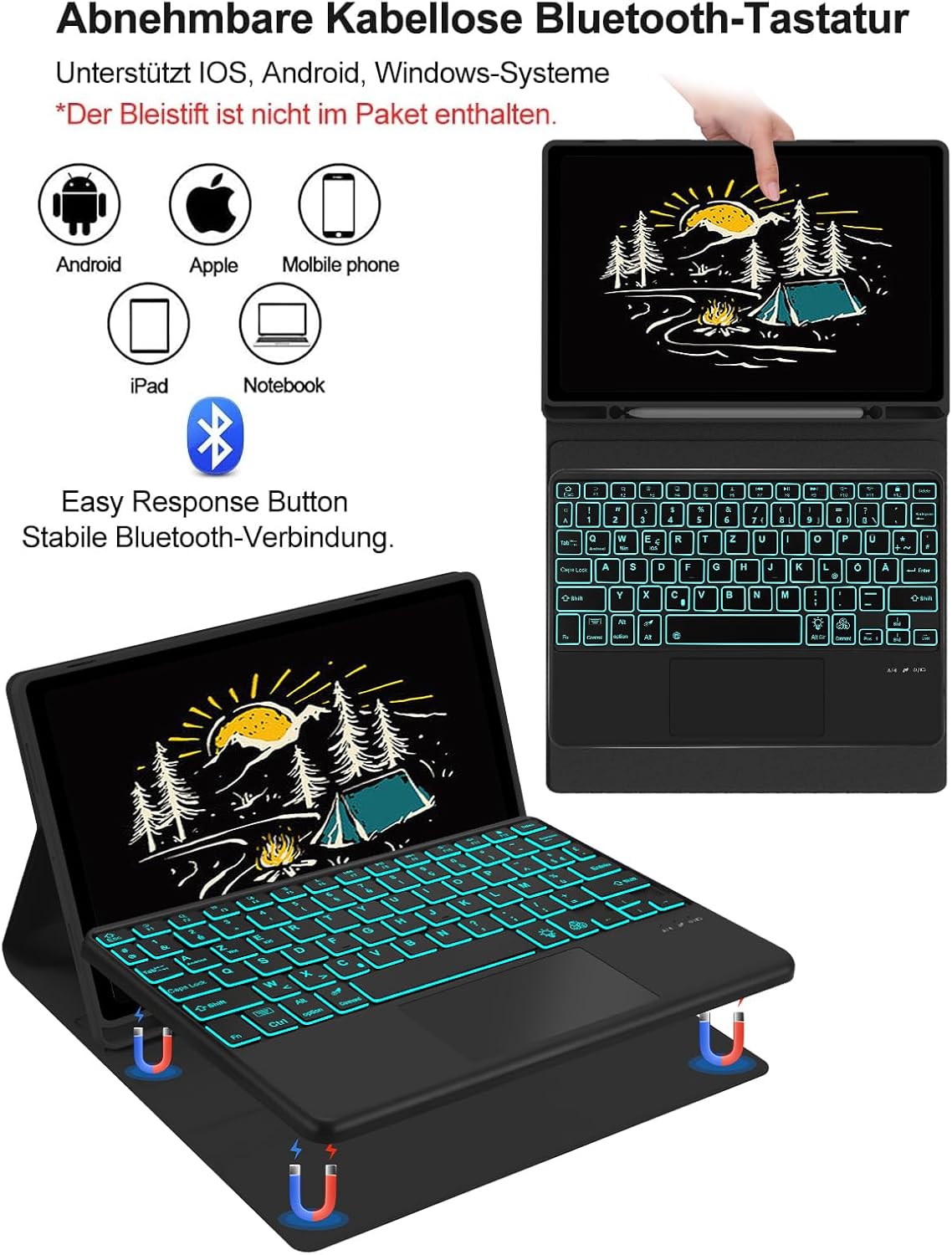 Image showing the keyboard connected to a tablet, highlighting the Bluetooth connectivity and multi-device support.