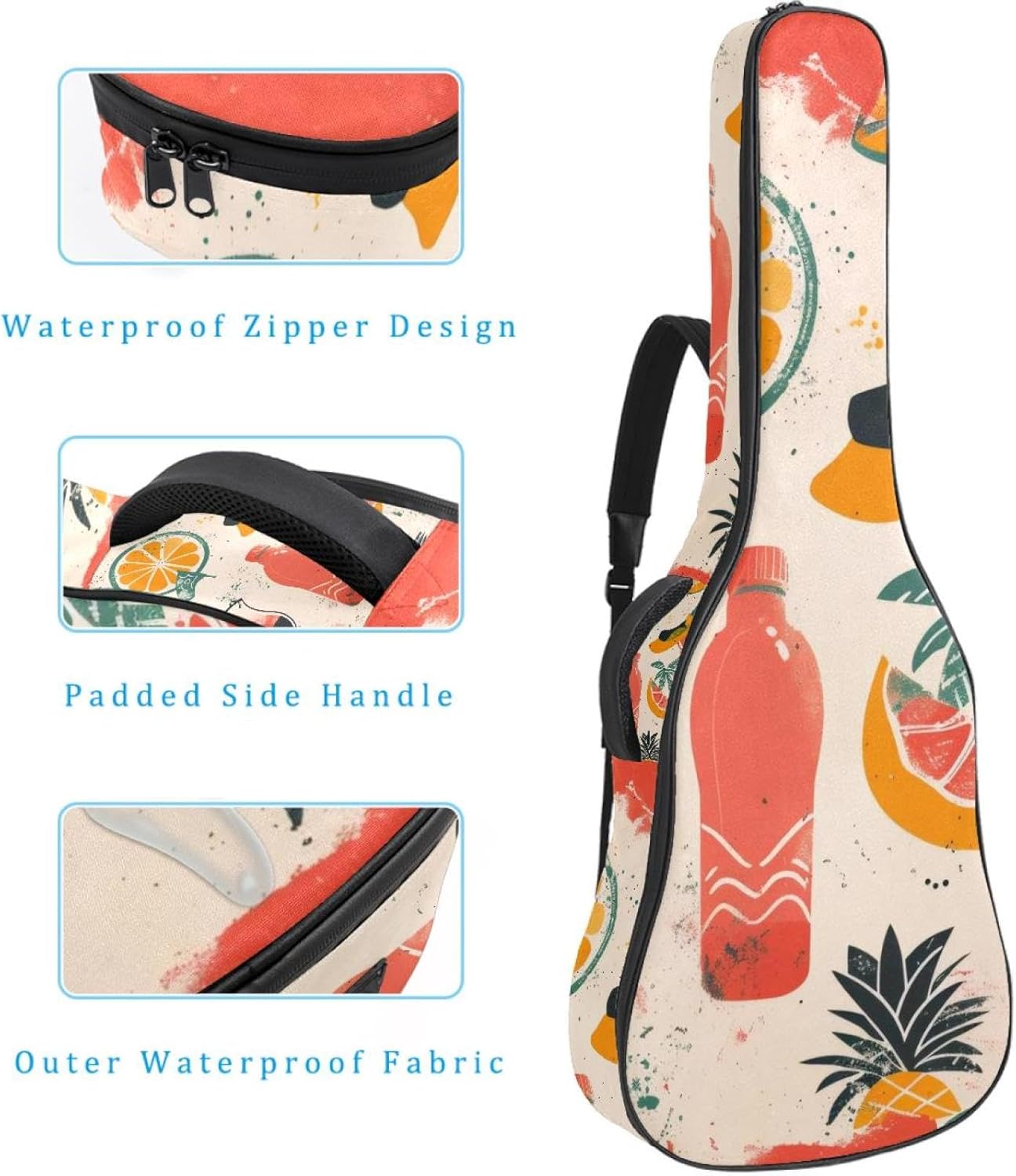 Acoustic Guitar Bag 0.4 Inch Thick Padding Waterproof Guitar Case Gig Bag for 40 41 42 Inch Electric Bass Classical Guitar, Summer Beach