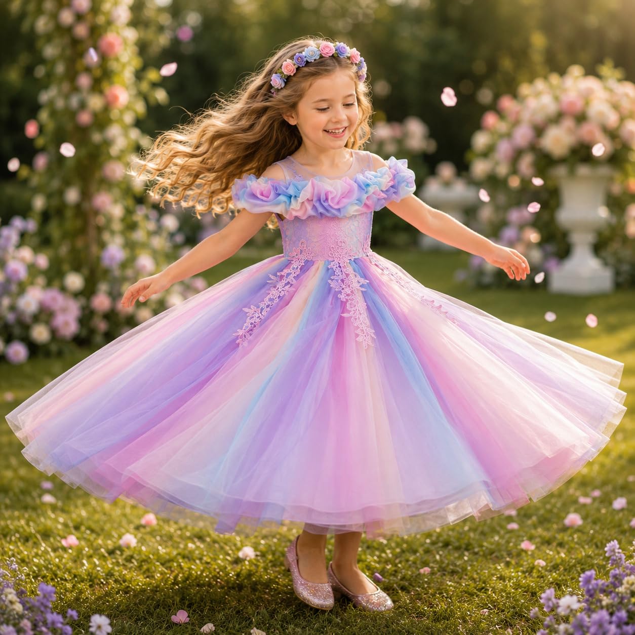 Maxi abito da bambina in pizzo con ricamo a spalla fredda in tulle, tutù, abiti da principessa, ragazza, comunione, treno, compleanno, matrimonio, festa, damigella d'onore