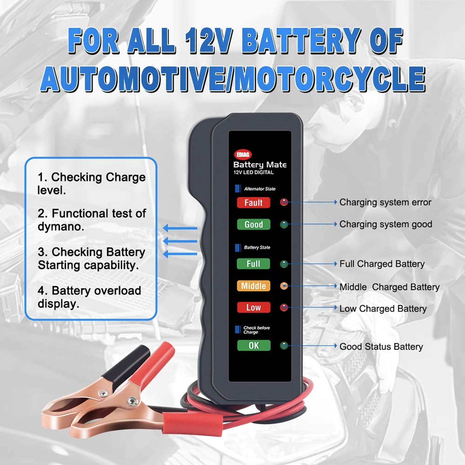 Diagram explaining the functions of the EDIAG BM310 for 12V batteries