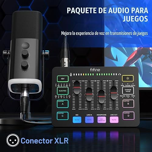 Vista 2 de Paquete de equipo de juego FIFINE, set de micrófono de juego dinámico XLR/USB con mezclador de audio para streaming para grabación de podcast, video