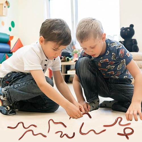 Miniatura 10 de HLARTNET 85 lombrices de tierra falsas de Halloween, gusano de plástico, suave, realista, elástico, juguete para Halloween, fiesta del día de los